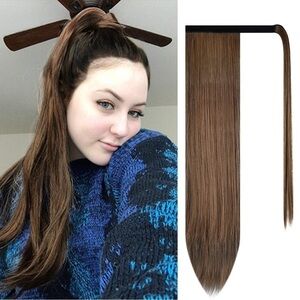 ⭐️barsdar 26” Straight Ponytail Extension - Darkest Brown mix Auburn Evenly⭐️